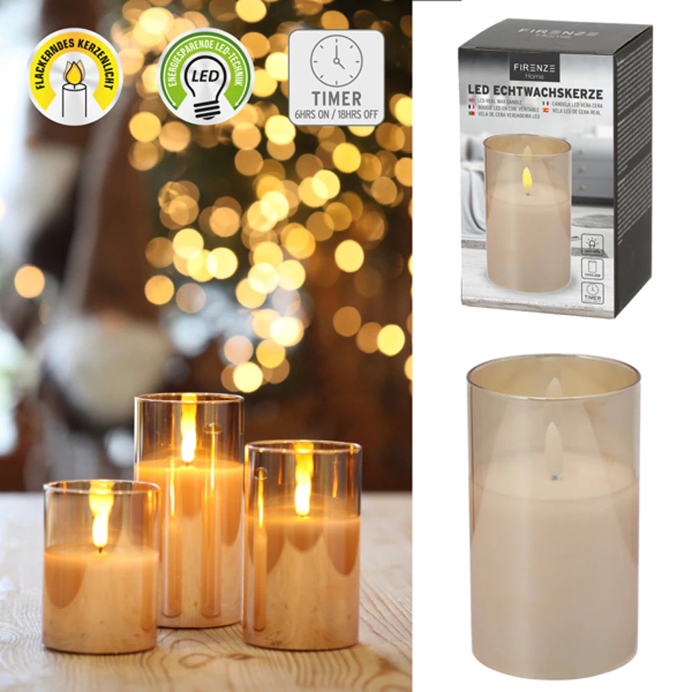 LED real wax candle in glass, New Flame, M, 7.5x12